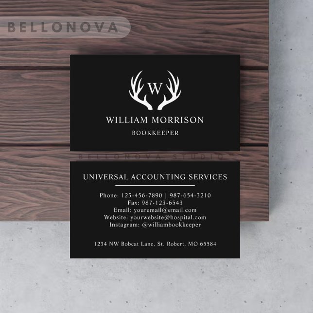 Anpassningsbar Black and White Hjort Antler Monogr Visitkort (Custom Black And White Deer Antler Monogrammed Business Card)