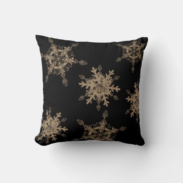 Anpassningsbar Black Elegant Golden Snö Flakes Kudde (Framsida)