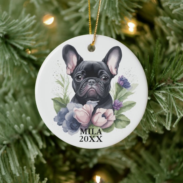 Anpassningsbar Black Frenchie Pug Hund Vattenfärgs Julgransprydnad Keramik (Träd)
