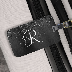 Anpassningsbar Black Glitter Gnistra Monogram Bagagebricka