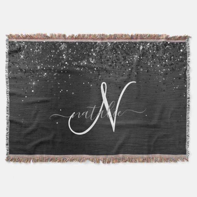 Anpassningsbar Black Glitter Gnistra Monogram Filt (Framsidan)