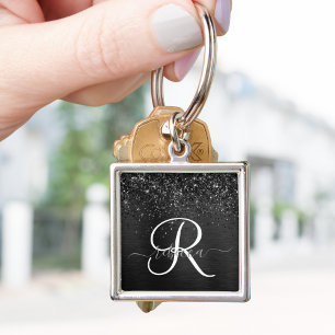 Anpassningsbar Black Glitter Gnistra Monogram Fyrkantig Silverfärgad Nyckelring