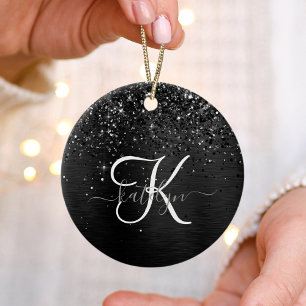 Anpassningsbar Black Glitter Gnistra Monogram Julgransprydnad Keramik
