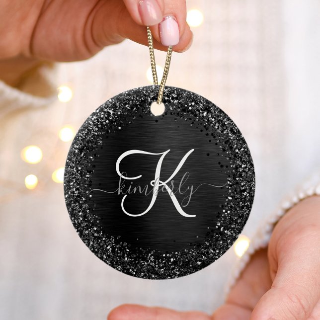 Anpassningsbar Black Glitter Gnistra Monogram Julgransprydnad Keramik (Skapare uppladdad)