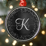 Anpassningsbar Black Glitter Gnistra Monogram Julgransprydnad Metall<br><div class="desc">Anpassa enkelt eleganten av dekorerad  i trendiget med söt svart mousserande glitter på en svart,  borstad metallisk bakgrund.</div>