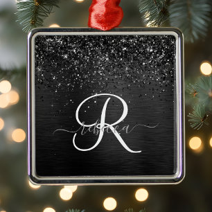 Anpassningsbar Black Glitter Gnistra Monogram Julgransprydnad Metall