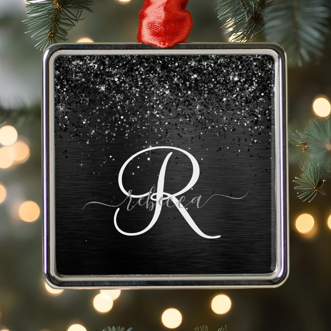 Anpassningsbar Black Glitter Gnistra Monogram Julgransprydnad Metall (Skapare uppladdad)
