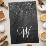 Anpassningsbar Black Glitter Gnistra Monogram Kökshandduk<br><div class="desc">Anpassa eleganten av kökshanddukar av trendig enkelt med söt svart mousserande glitter på en svart,  borstad metallisk bakgrund.</div>