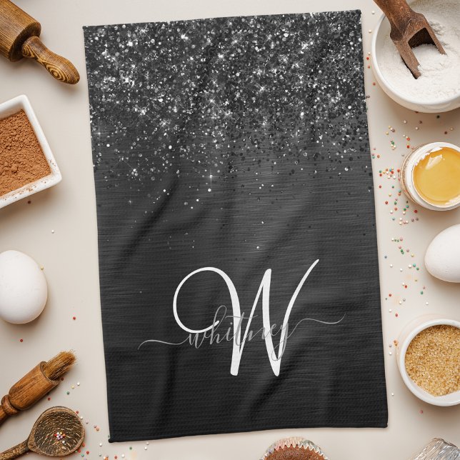 Anpassningsbar Black Glitter Gnistra Monogram Kökshandduk (Skapare uppladdad)