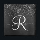 Anpassningsbar Black Glitter Gnistra Monogram Magnet<br><div class="desc">Anpassa enkelt den här eleganten av trendig magnet-designen med söt svart mousserande glitter på en svart,  borstad metallisk bakgrund.</div>