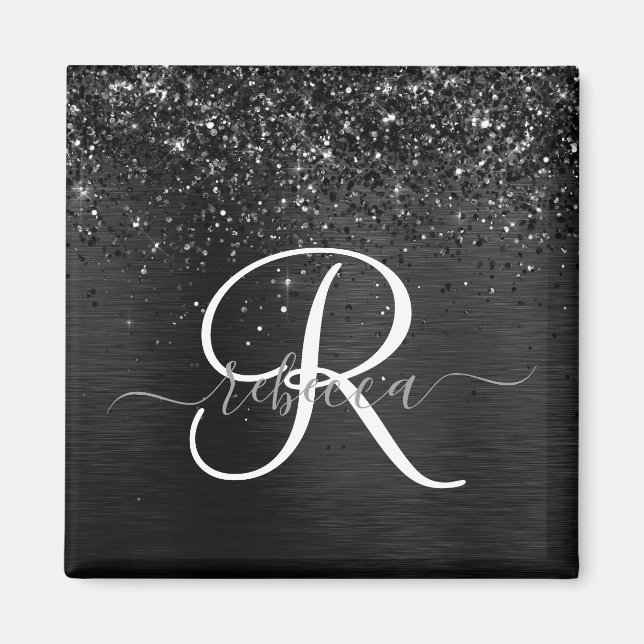 Anpassningsbar Black Glitter Gnistra Monogram Magnet (Framsidan)