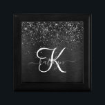 Anpassningsbar Black Glitter Gnistra Monogram Minnesask<br><div class="desc">Anpassa enkelt den här eleganten av trendig-presentboxen med söt svart mousserande glitter på en svart,  borstad metallisk bakgrund.</div>