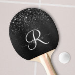 Anpassningsbar Black Glitter Gnistra Monogram Pingisracket<br><div class="desc">Anpassa enkelt trendigets elegant pingpongpadlar med söt svart mousserande glitter på en svart,  borstad metallisk bakgrund.</div>