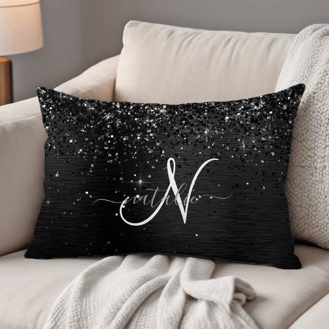 Anpassningsbar Black Glitter Gnistra Monogram Prydnadskudde (Skapare uppladdad)