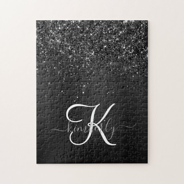 Anpassningsbar Black Glitter Gnistra Monogram Pussel (Vertikal)
