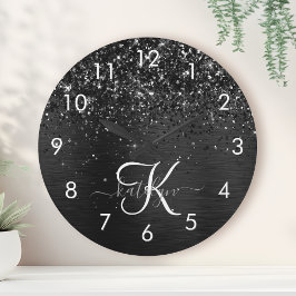 Anpassningsbar Black Glitter Gnistra Monogram Rund Klocka
