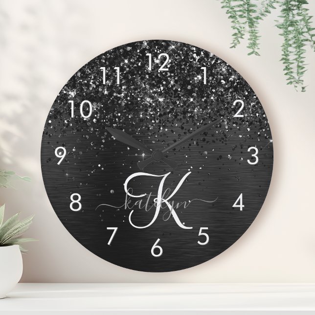 Anpassningsbar Black Glitter Gnistra Monogram Rund Klocka (Skapare uppladdad)