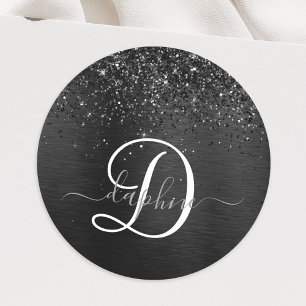 Anpassningsbar Black Glitter Gnistra Monogram Runt Klistermärke
