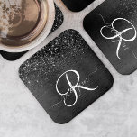 Anpassningsbar Black Glitter Gnistra Monogram Underlägg Papper Kvadrat<br><div class="desc">Anpassa enkelt eleganten av trendiget till fyrkantig papper underlägg med söt svart mousserande glitter på en svart,  borstad metallisk bakgrund.</div>