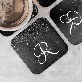 Anpassningsbar Black Glitter Gnistra Monogram Underlägg Papper Kvadrat