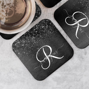 Anpassningsbar Black Glitter Gnistra Monogram Underlägg Papper Kvadrat