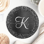 Anpassningsbar Black Glitter Gnistra Monogram Underlägg Papper Rund<br><div class="desc">Det är enkelt att anpassa eleganten för trendig pappert underlägg design med söt svart mousserande glitter på en svart,  borstad metallisk bakgrund.</div>