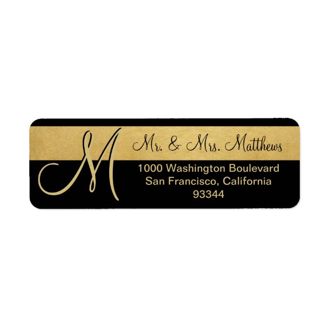 Anpassningsbar Black Gold Foil Monogram Brev Retur Returadress Etikett (Framsidan)