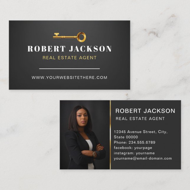 Anpassningsbar Black + Golden nyckel Realtors Luxu Visitkort (Fram/baksida)