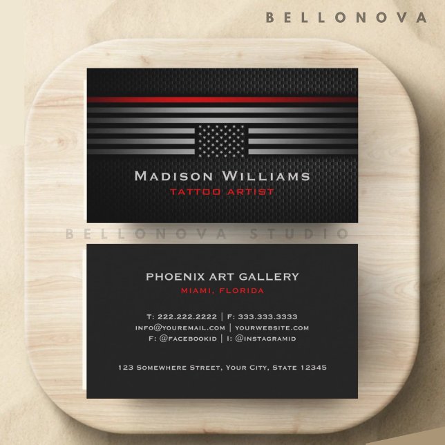 Anpassningsbar Black Grått Red USA America Flagga  Visitkort (Custom Black Grey Red The USA America Flag Premium Business Card)