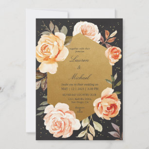 Anpassningsbar Black Guld och Ro Peach Flowers Brö Inbjudningar