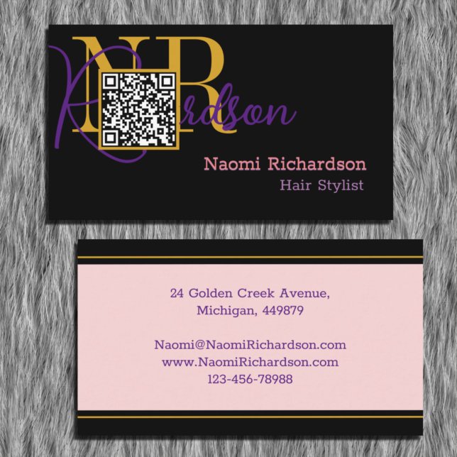 Anpassningsbar Black, Guld, Rosa & QR Code, Monogr Visitkort (Skapare uppladdad)