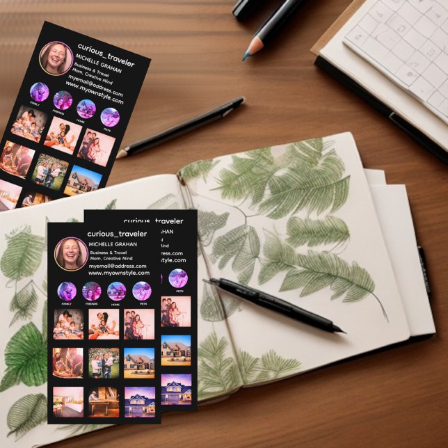 Anpassningsbar Black Instagram-fotostödraster Visitkort (Black instagram promotional business card. Increase engagement, followers and likes.)