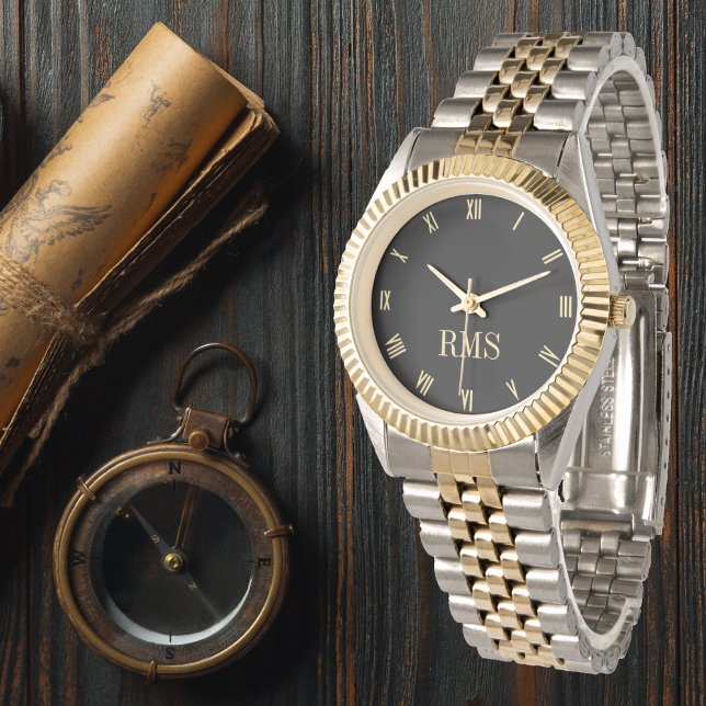 Anpassningsbar Black Monogrammed Guld Silver Tone  Armbandsur (Custom Black Monogrammed Gold Silver Tone Bracelet Watch)