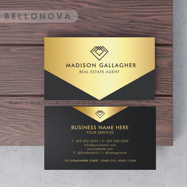 Anpassningsbar Black och Guld Gods Agent Visitkort (Custom Black And Gold Real Estate Agent Business Card)