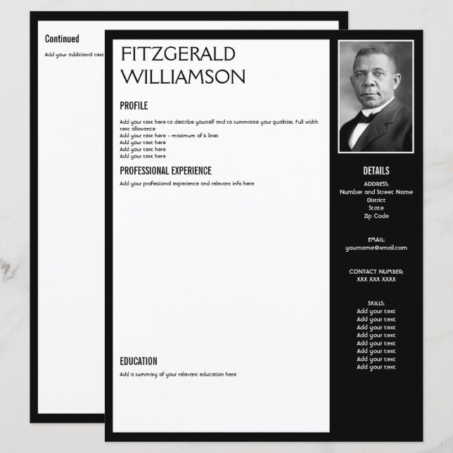 Anpassningsbar Black RESUME CV Photo Template (Fram/baksida)