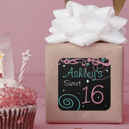 Anpassningsbar Black Sweet 16 Födelsedagsfest Stic Fyrkantigt Klistermärke