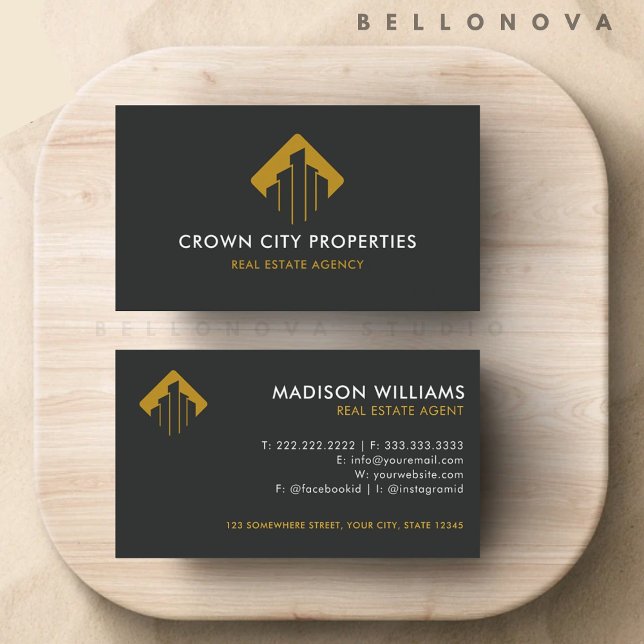 Anpassningsbar Black White Brown Real Gods Agent Visitkort (Custom Black White Brown Real Estate Agent Business Card)