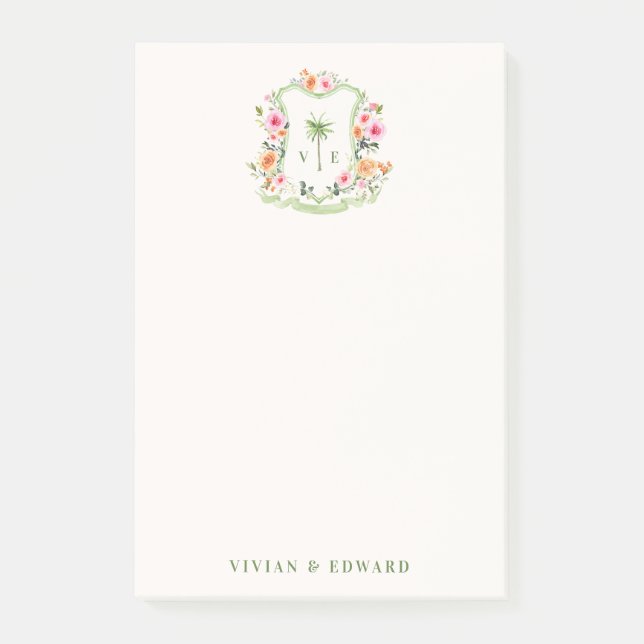 Anpassningsbar Blommigt Bröllop Vapensköld Monogra Post-it Block (Framsida)