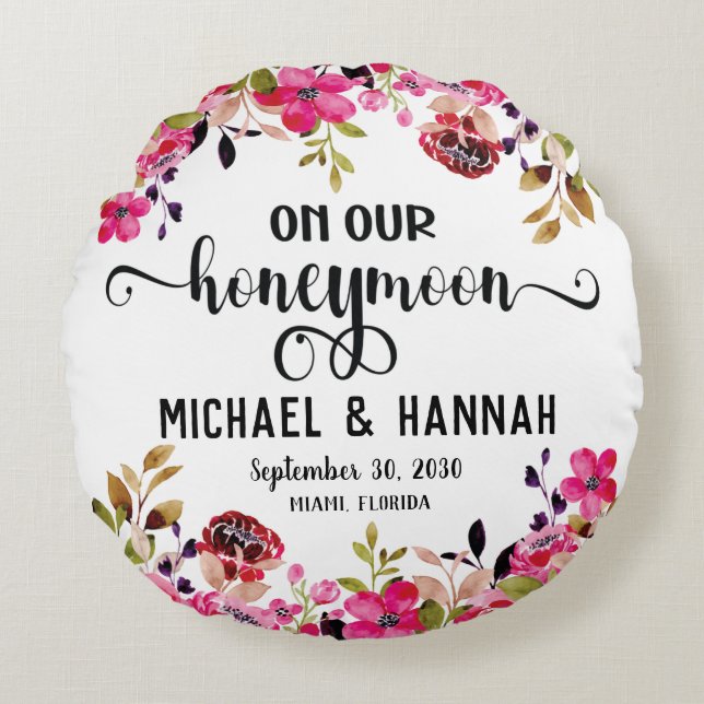 Anpassningsbar Blommigt Honeymoon Keepsaké Rund Kudde (Framsidan)