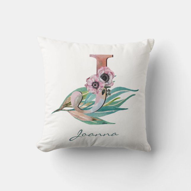 Anpassningsbar Blommigt J Brev Watercolor Foliage  Kudde (Framsida)