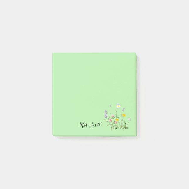 Anpassningsbar Blommigt Monogram Mint Post-it Block (Framsida)