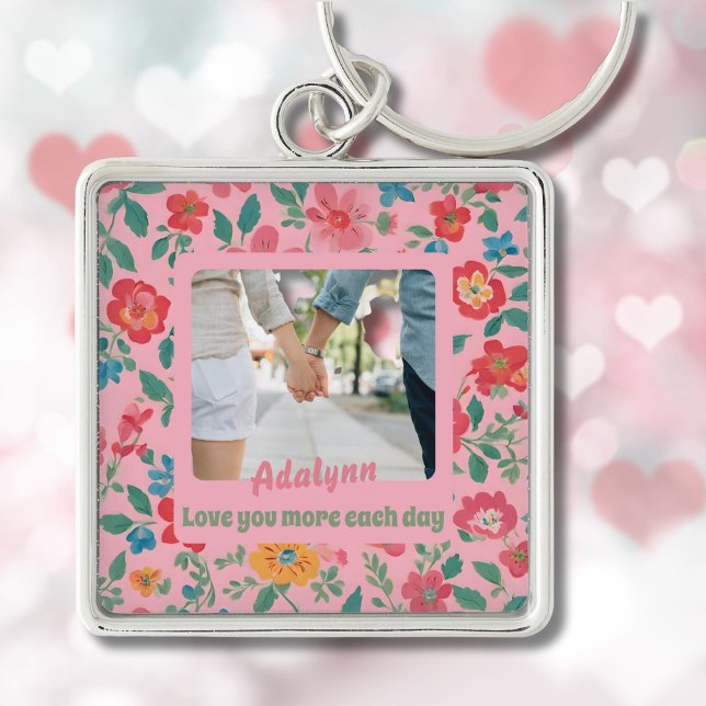 Anpassningsbar Blommigt Photo Valentiness Gifts fo Fyrkantig Silverfärgad Nyckelring (Custom Floral Photo Valentines Gifts for Teens)
