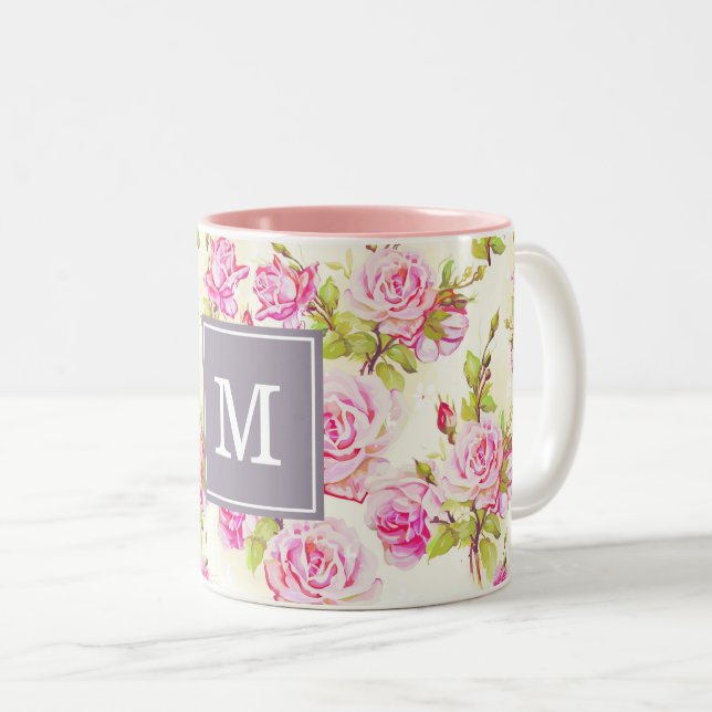 Anpassningsbar Blommönster Gammal Ro Monogram Mugg (Framsida höger)