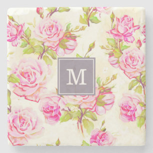 Anpassningsbar Blommönster Gammal Ro Monogram Ston Stenunderlägg