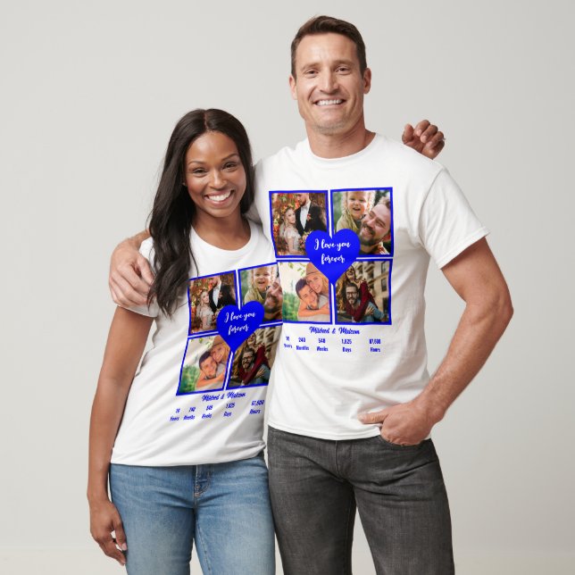 Anpassningsbar Blue 10-årsjubileum 4 Fotokollage T Shirt (Unisex)