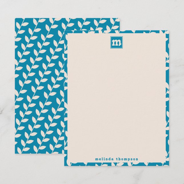 Anpassningsbar Blue 70s Retro Löv Mönster Monogram Anteckningskort (Fram/baksida)