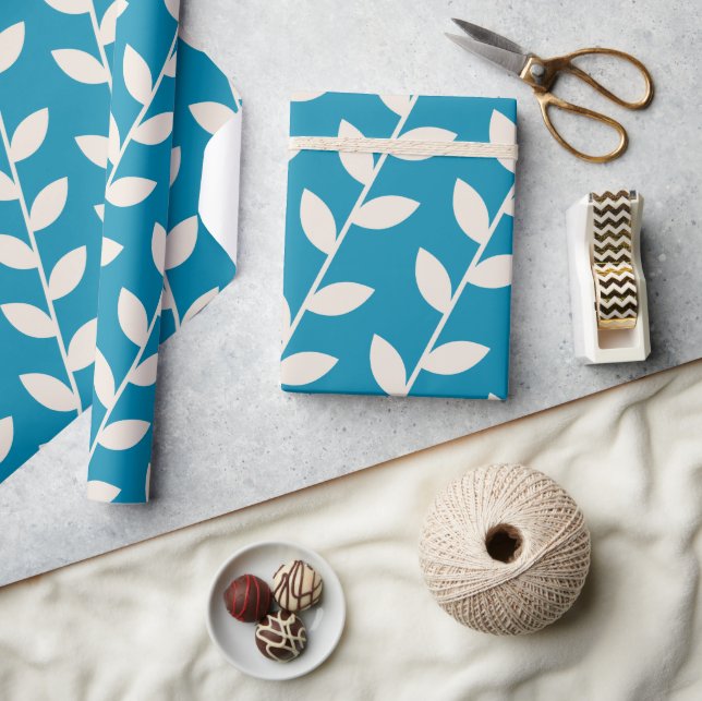 Anpassningsbar Blue 70s Retro Löv Mönster Presentpapper (Hantverk)