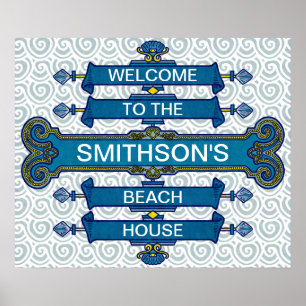 Anpassningsbar Blue Beach House-tecken med Scallop Poster