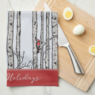 Anpassningsbar Blue Birch Träd och Red Cardinal Bi Kökshandduk