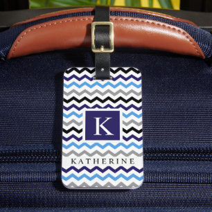 Anpassningsbar Blue Black White Grått Chevron Möns Bagagebricka